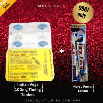 Pack Of 2 Indian Vega 100mg Timing Tablets Pack Of 4 + Horse Power Cream