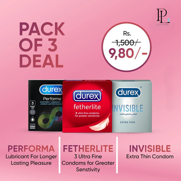 Durex Condoms Invisible Extra Thin Condoms 3s + Performa Longer Lasting Timing Condoms 3s + Featherlite Ultra Fine Greater Sensitivity Condoms 3s – Try Me Pack Of 3