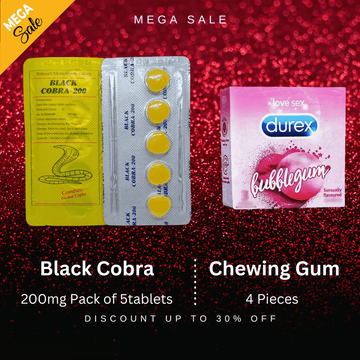 Pack Of 2 Black Cobra 200mg Sildenafil Citrate Tablet - 5 + Durex Red Chewing Gum - Add a Bold Flavor to Your Intimate Collection