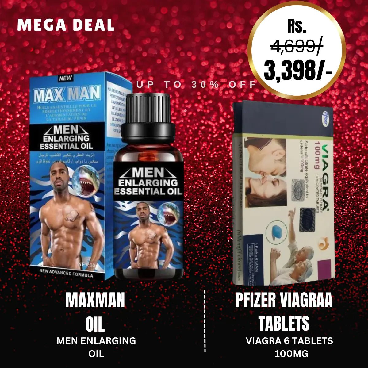 Max Man Men Penis Enlargement Massage Essential Oil-30ml - Blue Pack + Pfizer Viagra 100mg 6 Tablets