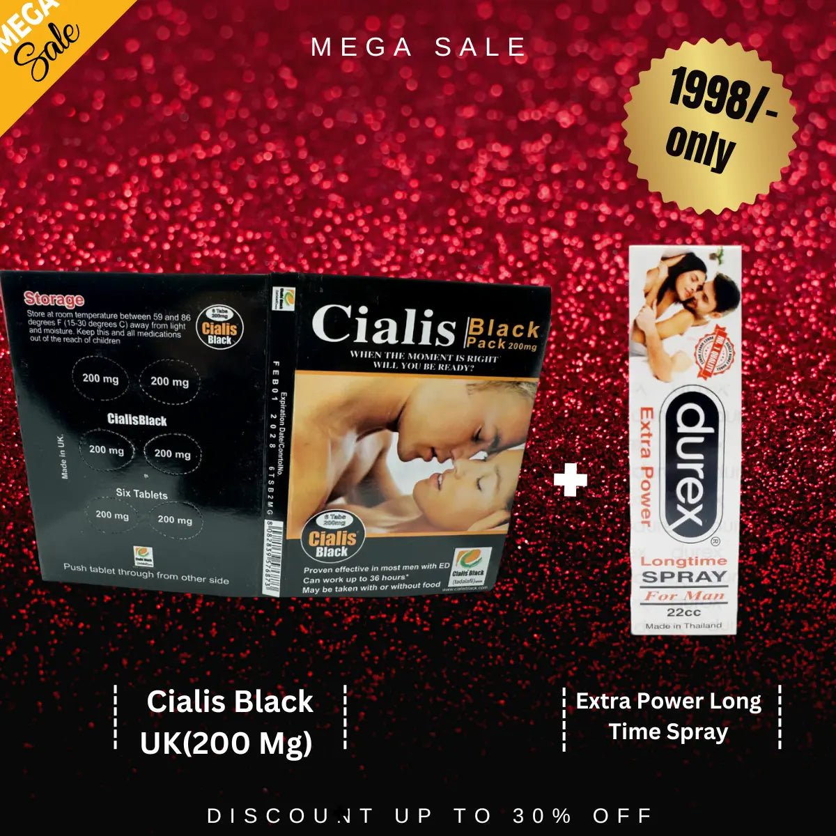 Pack Of 2 Cialis Black UK(200 Mg) Pack Of 6 + Durex Extra Power Long Time Spray For Men 22 cc