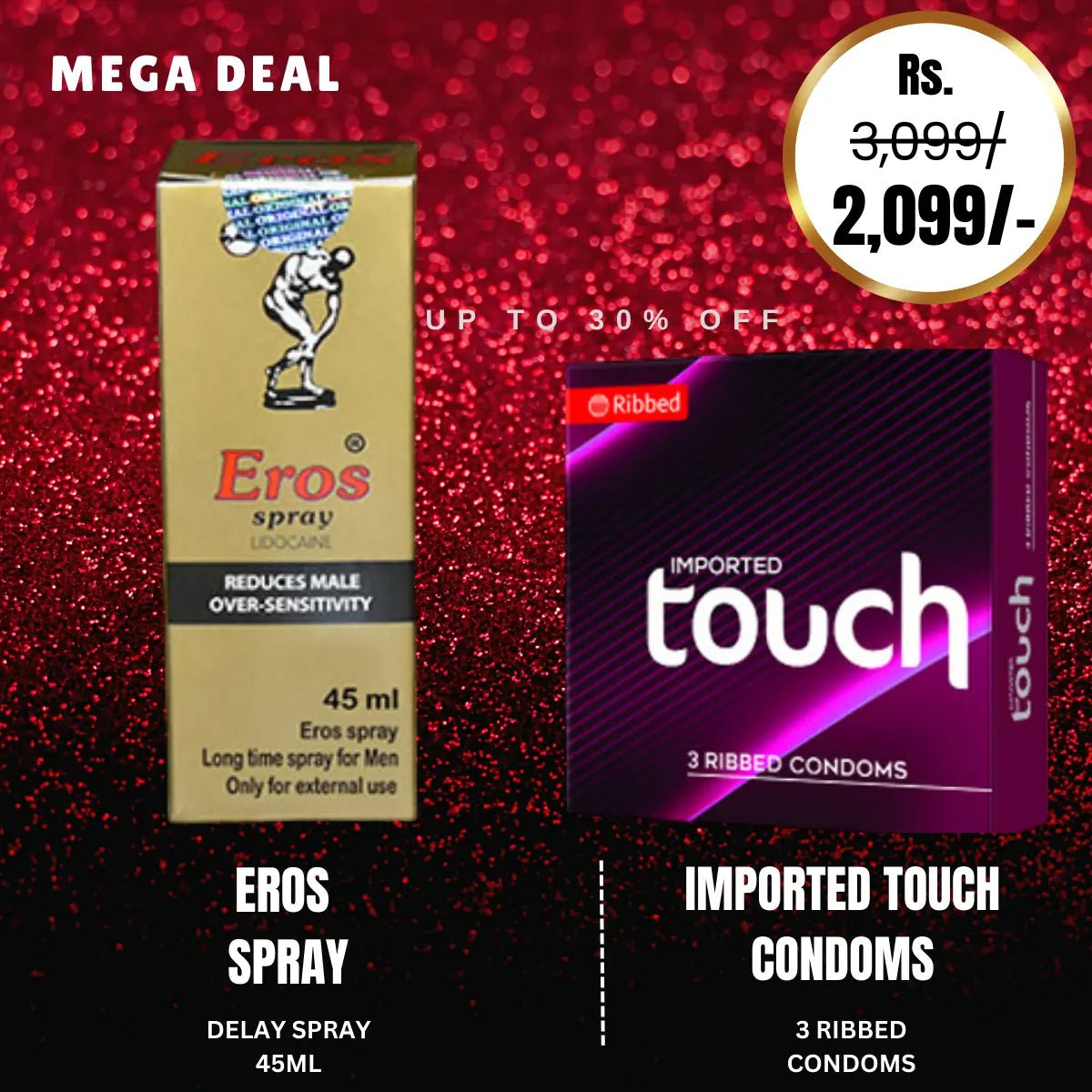 Pack Of 2 Eros Spray With Vitamin E Delay Spray for Men 45 ML + Imported Touch Scented Ribbed Condoms 3s