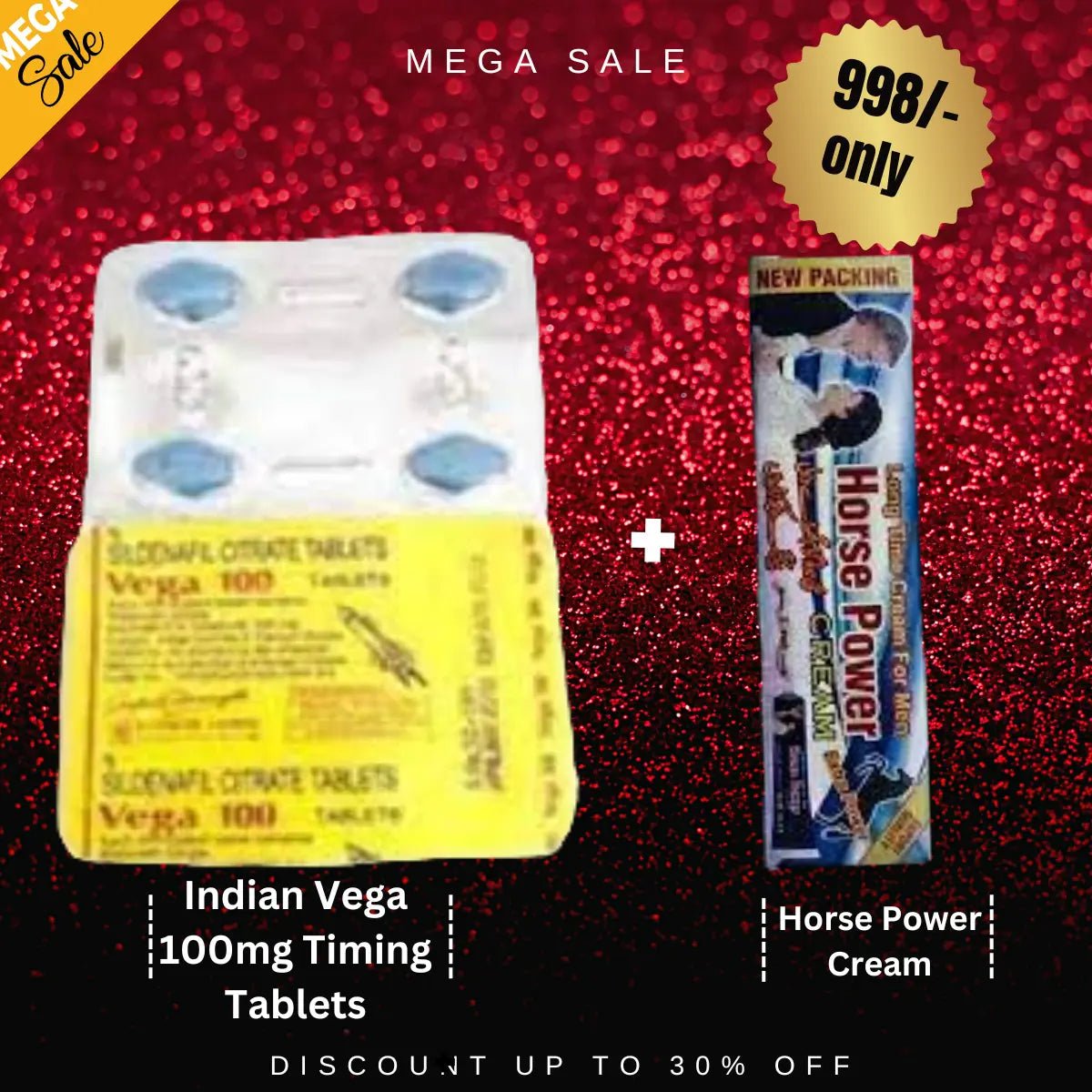 Pack Of 2 Indian Vega 100mg Timing Tablets Pack Of 4 + Horse Power Cream