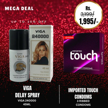 Super Viga 240000 Delay Spray For Men -45ml + Imported Touch Scented Ribbed Condoms 3s